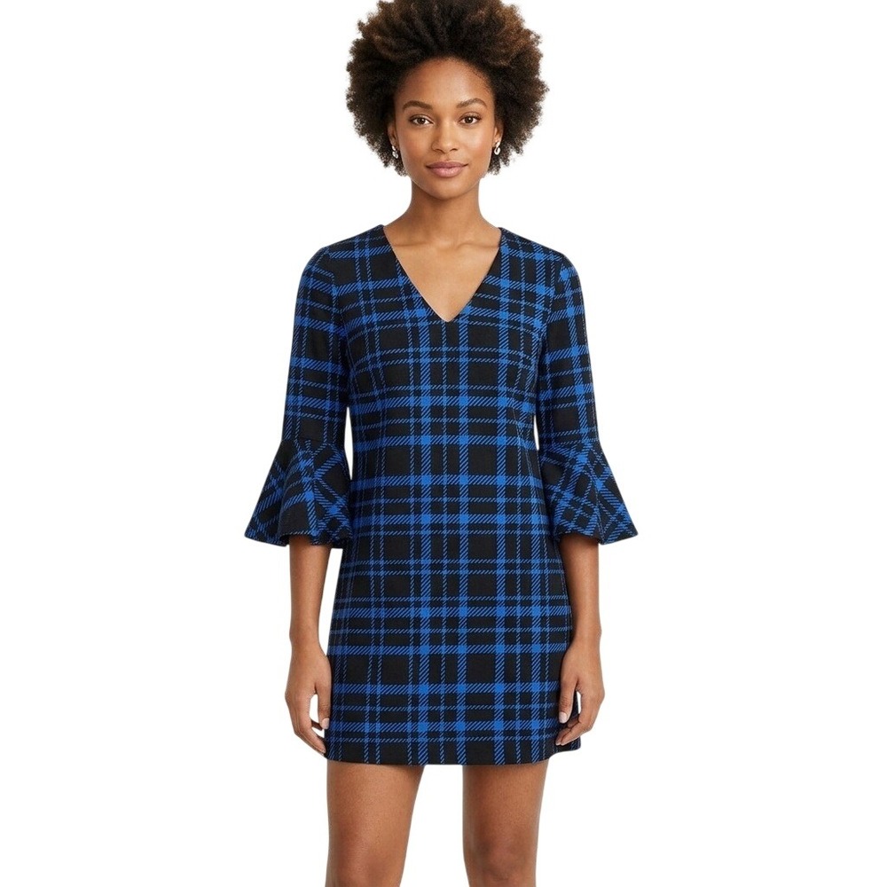 Jude Connally Shift Dress Womens Size Medium Blue Black Plaid Tiered Bell Sleeve